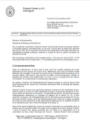 23 nov 2015 - Pasquier Grenier asbl a réagi à l’enquête publique sur la Modernisation de la traversée de Tournai à la classe Va 